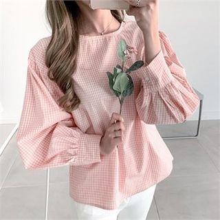 Bishop-sleeve Gingham Blouse