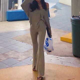 Set: Long-sleeve Henley + Bell-bottom Pants