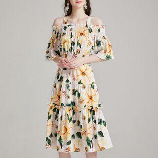 Elbow-sleeve Cold Shoulder Floral Print Tiered Midi A-line Dress