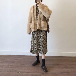 Mock Neck Long-sleeve Top / Long-sleeve Floral Midi A-line Dress / Button Jacket