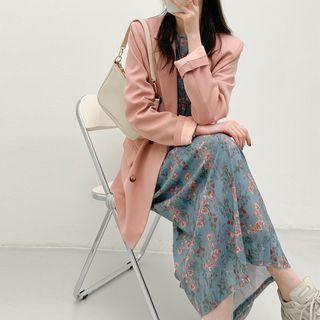 Bell-sleeve Floral Print Midi A-line Dress Blue - One Size