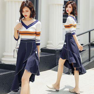 Set: V-neck Striped Long-sleeve Knit Top + Ruffle Hem A-line Skirt