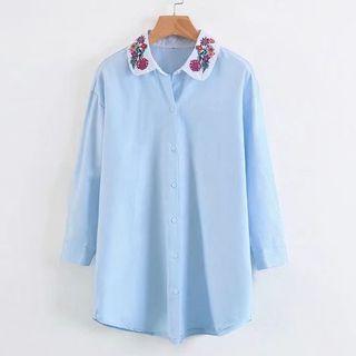 Peter Pan Collar Floral Embroidered Long-sleeved Plain Blouse