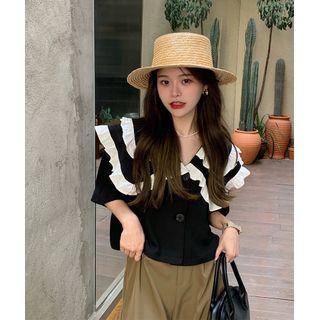 Elbow-sleeve Collared Two-tone Blouse