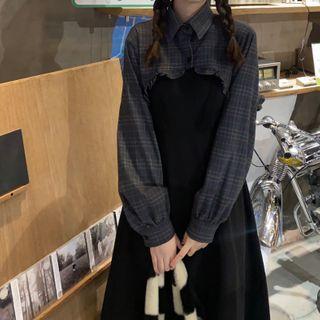 Long-sleeve Plaid Frill Trim Crop Shirt / Midi A-line Overall Dress