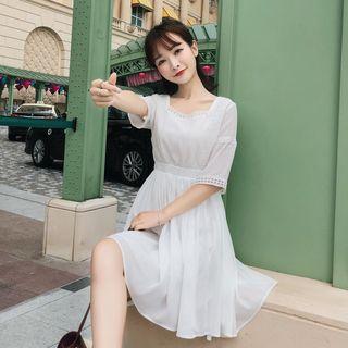 Square Neck Elbow-sleeve A-line Dress