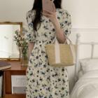 Puff-sleeve Floral Midi A-line Dress Blue Floral - White - One Size