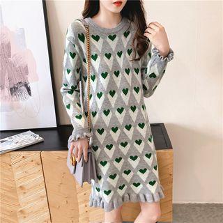 Heart Print Long-sleeve Knit Dress