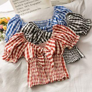 Boatneck Ribbon-neckline Checker Crop Top