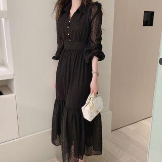 3/4-sleeve Dotted Mesh Midi A-line Dress