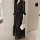 3/4-sleeve Dotted Mesh Midi A-line Dress