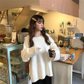 Crewneck Plain Split Long-sleeve Sweater
