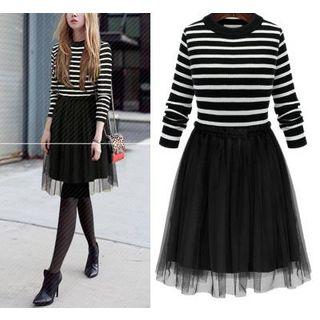 Stripe Mock Two-piece Tulle Dress