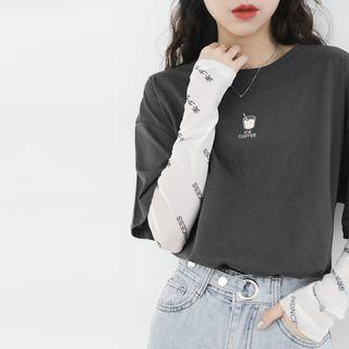 Cherry Print Long-sleeve Mesh Top