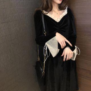 Bell-sleeve Lace Trim Midi A-line Dress