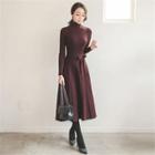 Turtle-neck A-line Knit Dress With Sash