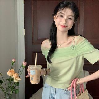 Short-sleeve Suspender Off-shoulder Ruched Mesh Top Light Green - One Size