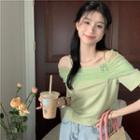Short-sleeve Suspender Off-shoulder Ruched Mesh Top Light Green - One Size