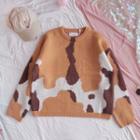 Cow Print Sweater Tangerine & Brown & White - One Size