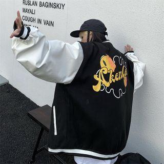 Two-tone Smiley Face Embroidered Baseball Jacket