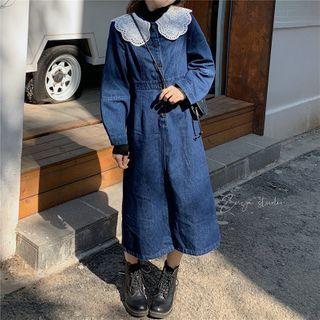 Long-sleeve Lace Collar Denim Midi Dress