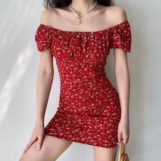 Off-shoulder Floral Ruched Dress