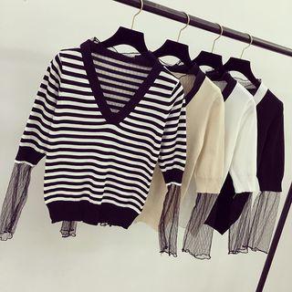 Stripe V-neck Mesh Panel Knit Sweater