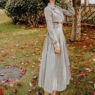 Long-sleeve Midi Plaid Pleated Dress