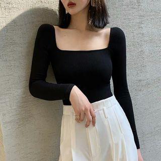 Plain Square-neck Long-sleeve Knit Top Black - One Size