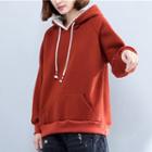 Long-sleeve Hooded Loose-fit Top Red - One Size