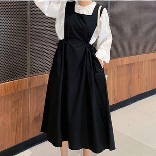 Set: Long-sleeve Ruffled Top + Midi A-line Pinafore Dress