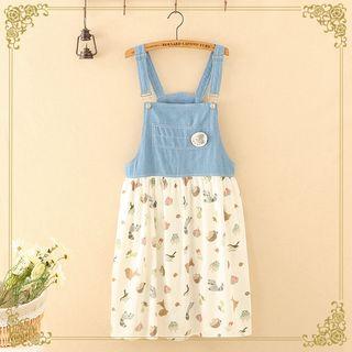Animal Print Panel Dungaree Dress Denim Blue - One Size