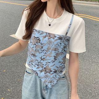 Mock Two-piece Floral Panel Cropped T-shirt Off-white - One Size