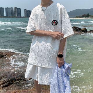 Set: Short-sleeve Lettering Applique T-shirt + High-waist Lettering Shorts