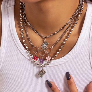 Flower Banknote Pendant Layered Alloy Necklace Set - 3219 - Silver - One Size
