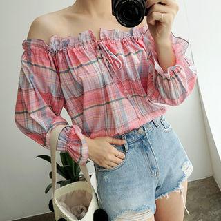 Drawstring Off-shoulder Plaid Top