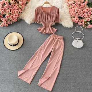 Set: Smocked Short-sleeve Blouse + Wide Leg Pants