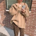 Long-sleeve V-neck Plain Ribbed Sweater / High-waist Leopard Woolen Pants