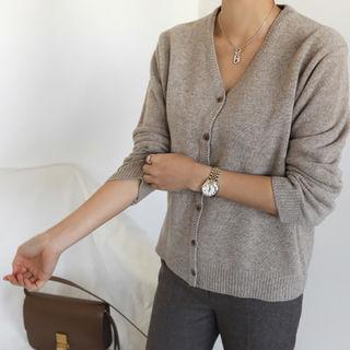 Plain V-neck Wool Blend Cardigan