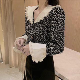 Bell-sleeve Peter Pan Collar Frill Trim Floral Printed Blouse