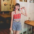 Floral Knit Camisole Top Red & Light Gray - One Size