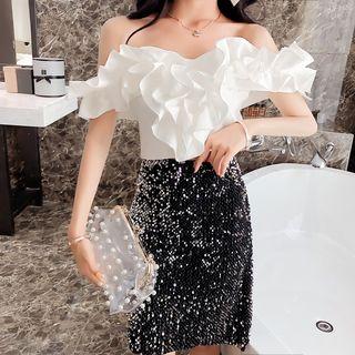 Set: Plain Frill Trim Off Shoulder Short Sleeve Top + Sequined A-line Skirt