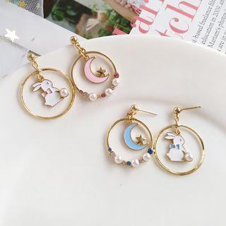 Faux Pearl Rabbit Moon & Star Hoop Earring