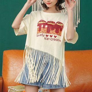 Fringed Hem Printed Short-sleeve T-shirt