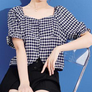 Short-sleeve Gingham Check Blouse