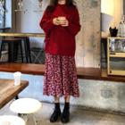 Long-sleeve Cable Knit Sweater / High-waist Floral Printed Skirt