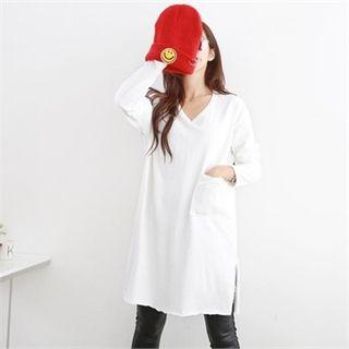 V-neck Long-sleeve Pocket-detail T-shirt Dress