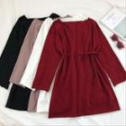Plain V-neck Lace-up Long-sleeve Knit Dress