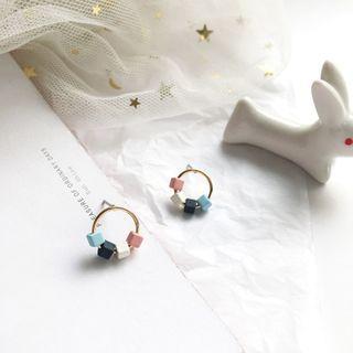 Wooden Cube Alloy Hoop Earring 1 Pair - Earring - Pink & White & Gray & Aqua Green Square - Gold - One Size