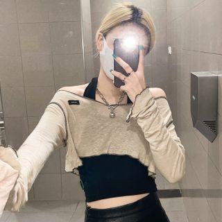 Long-sleeve Off-shoulder Crop Top / Halter-neck Camisole Top